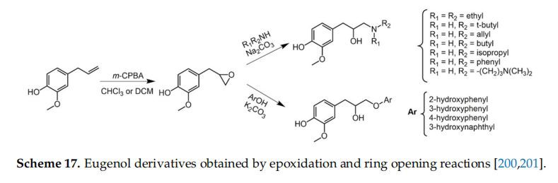 Eugenol derivatives obtained by epoxidation and ring opening reactions